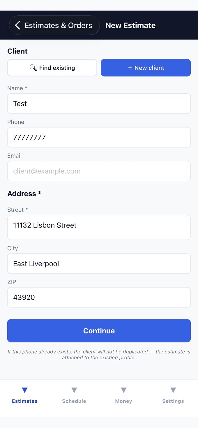 New estimate client form