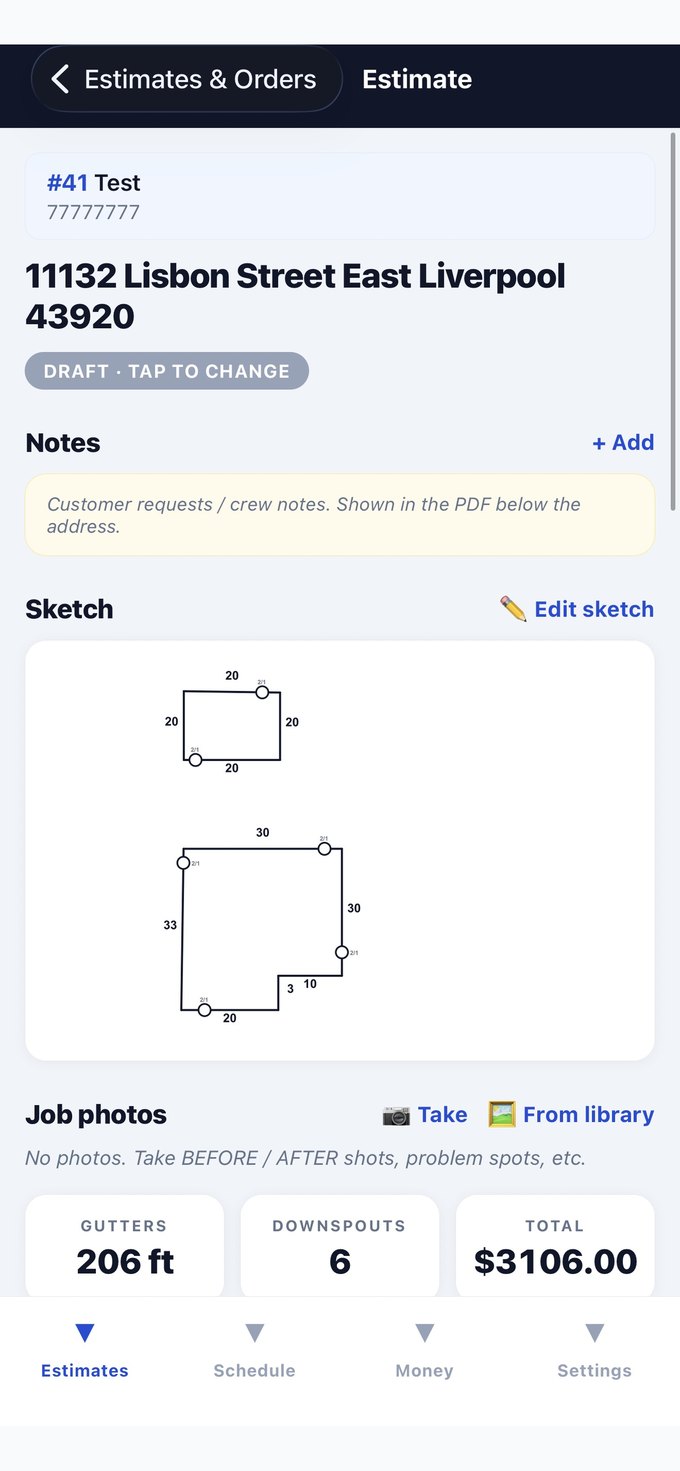 Estimate detail with sketch and totals